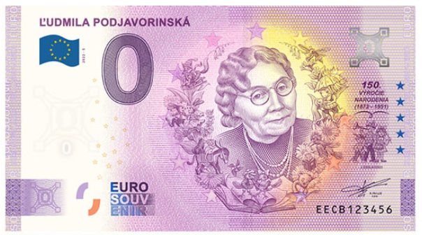 Ľudmila Podjavorinská, slávna spisovateľka na novej 0 eurovej bankovke